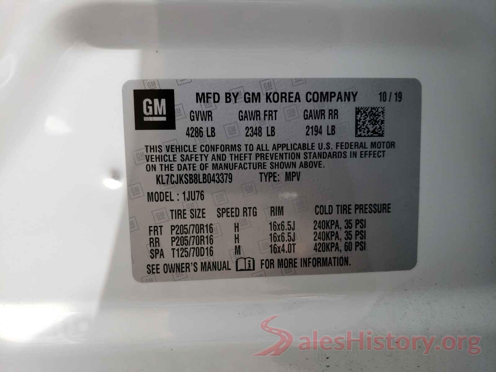 KL7CJKSB8LB043379 2020 CHEVROLET TRAX