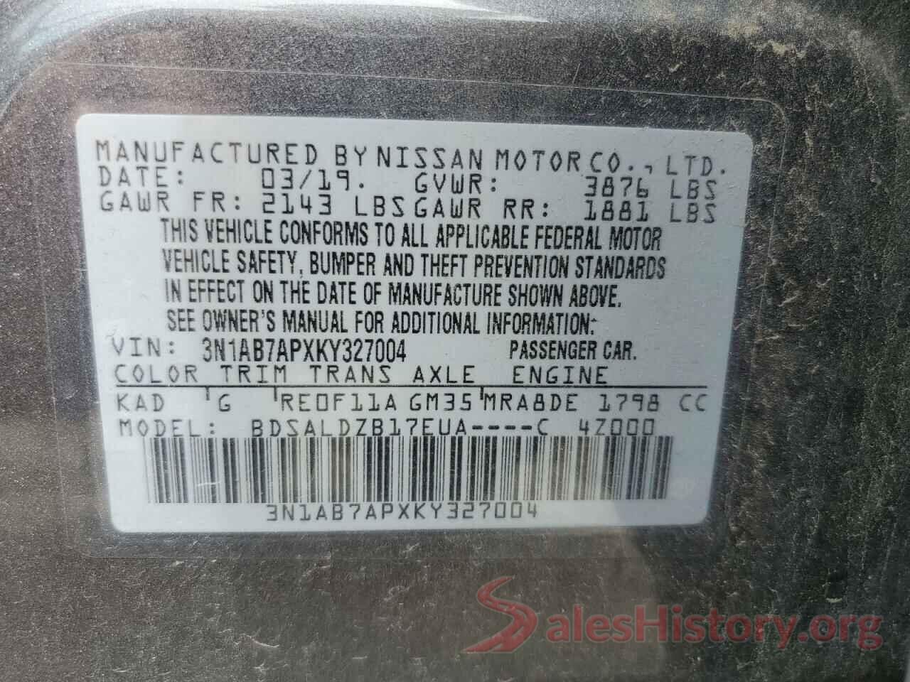 3N1AB7APXKY327004 2019 NISSAN SENTRA