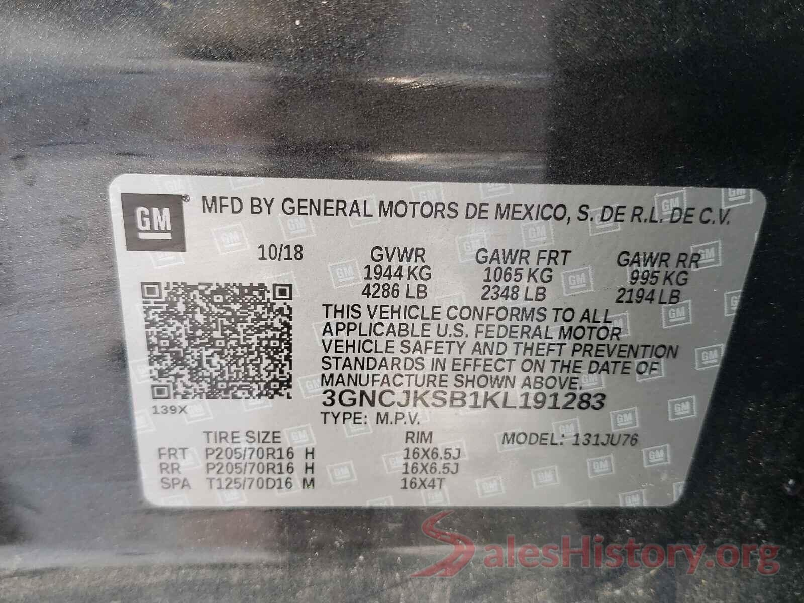 3GNCJKSB1KL191283 2019 CHEVROLET TRAX