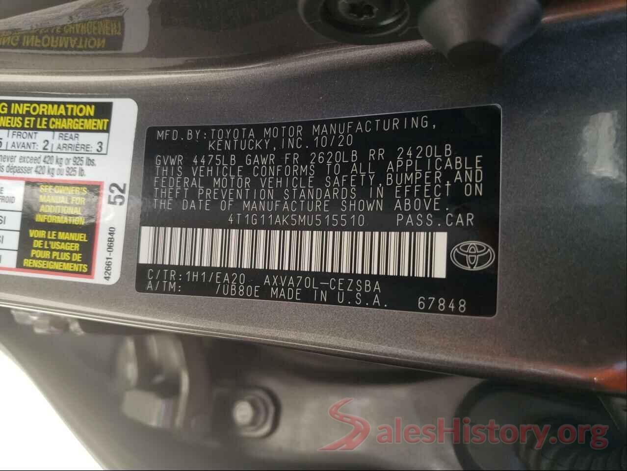 4T1G11AK5MU515510 2021 TOYOTA CAMRY