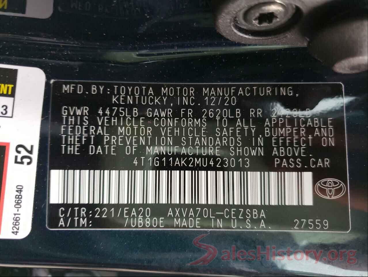 4T1G11AK2MU423013 2021 TOYOTA CAMRY