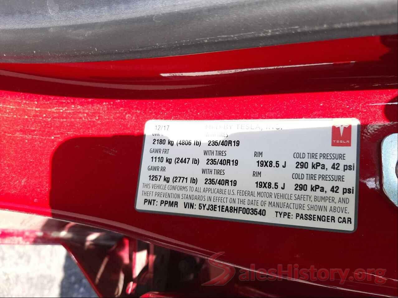 5YJ3E1EA8HF003540 2017 TESLA MODEL 3