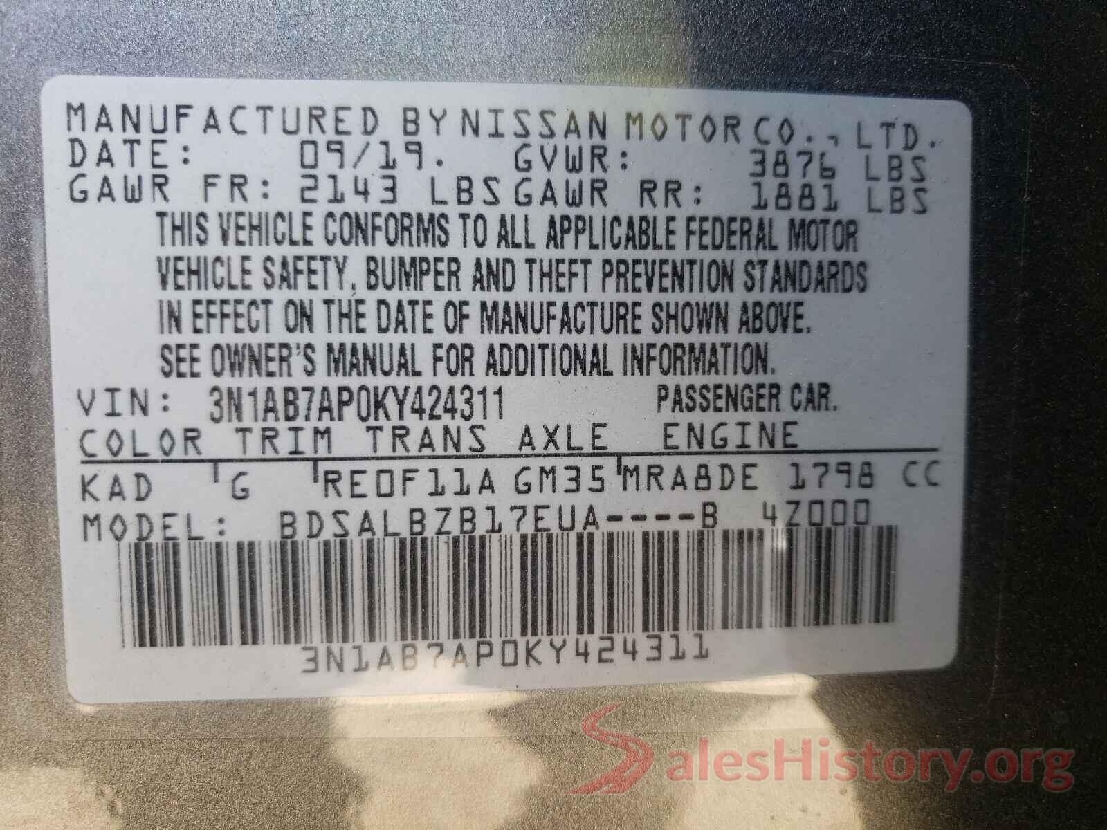 3N1AB7AP0KY424311 2019 NISSAN SENTRA