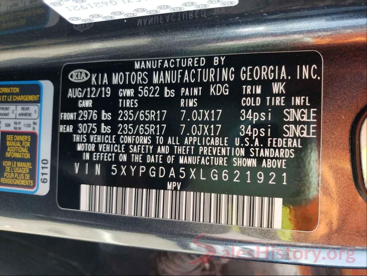 5XYPGDA5XLG621921 2020 KIA SORENTO