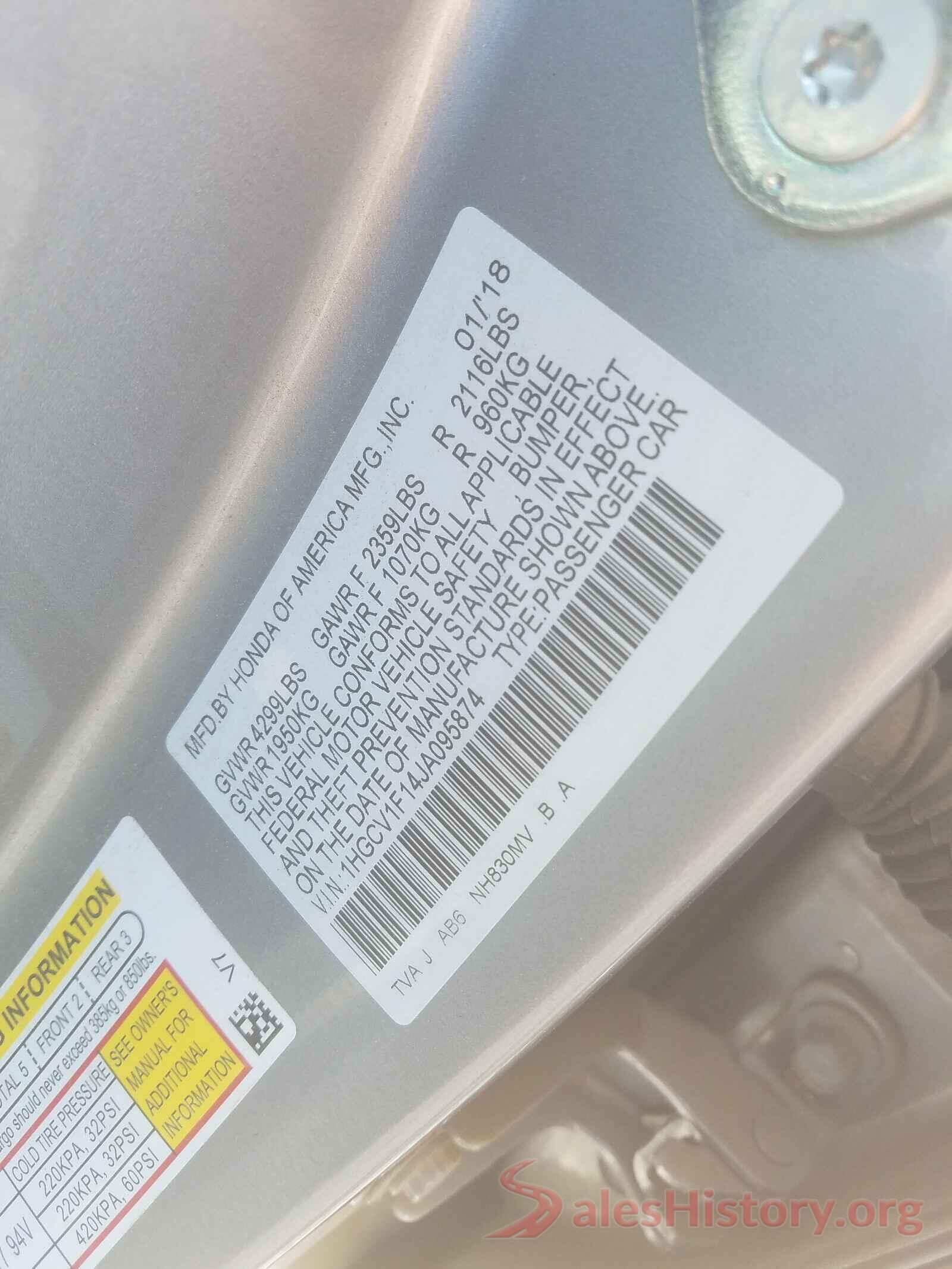 1HGCV1F14JA095874 2018 HONDA ACCORD