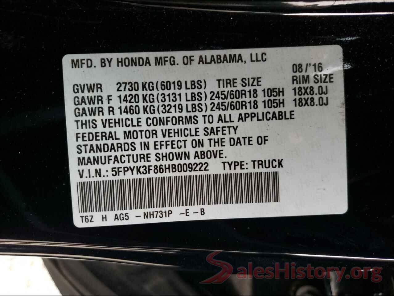 5FPYK3F86HB009222 2017 HONDA RIDGELINE