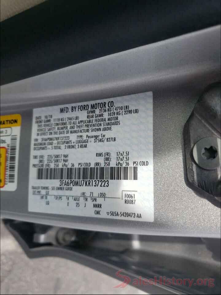 3FA6P0MU7KR137223 2019 FORD FUSION