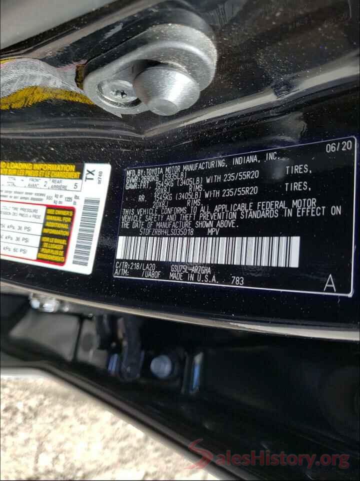 5TDFZRBH4LS035018 2020 TOYOTA HIGHLANDER