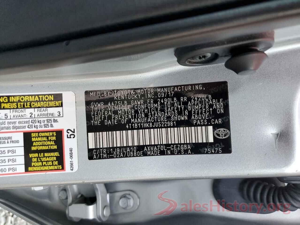 4T1B11HK8JU522981 2018 TOYOTA CAMRY