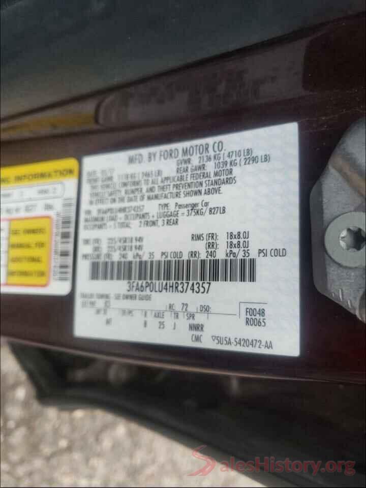 3FA6P0LU4HR374357 2017 FORD FUSION