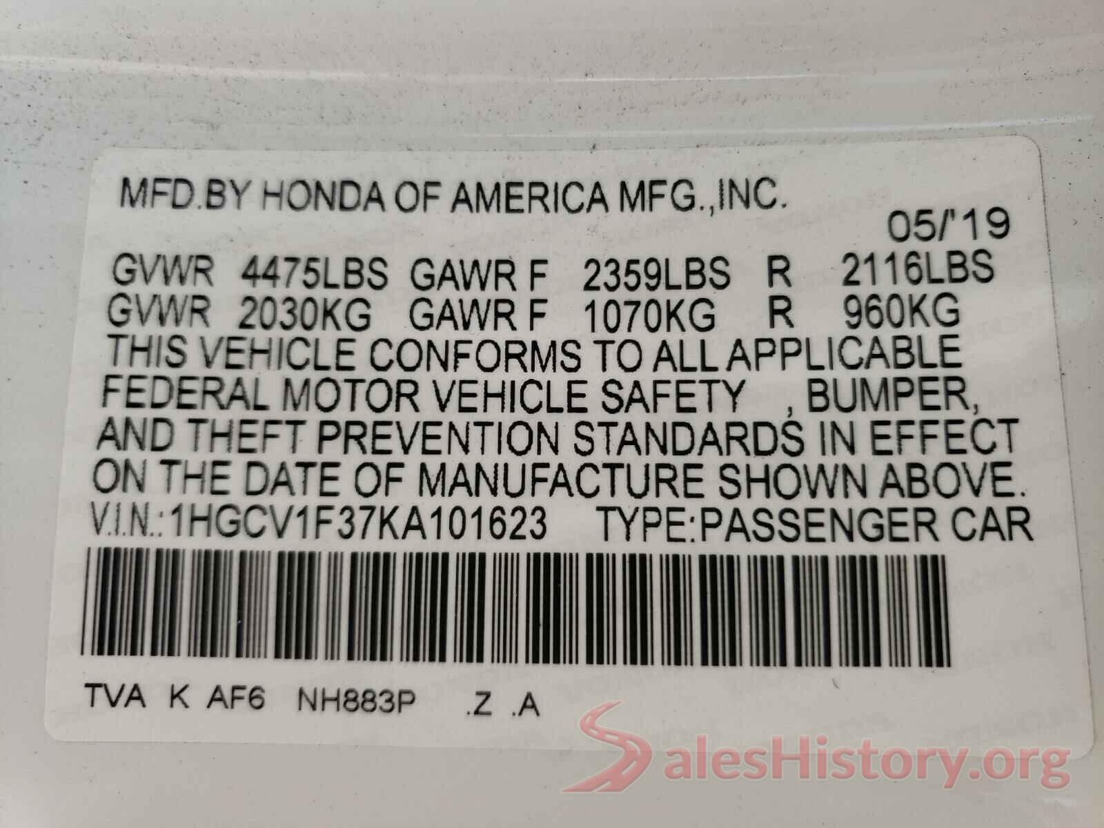 1HGCV1F37KA101623 2019 HONDA ACCORD