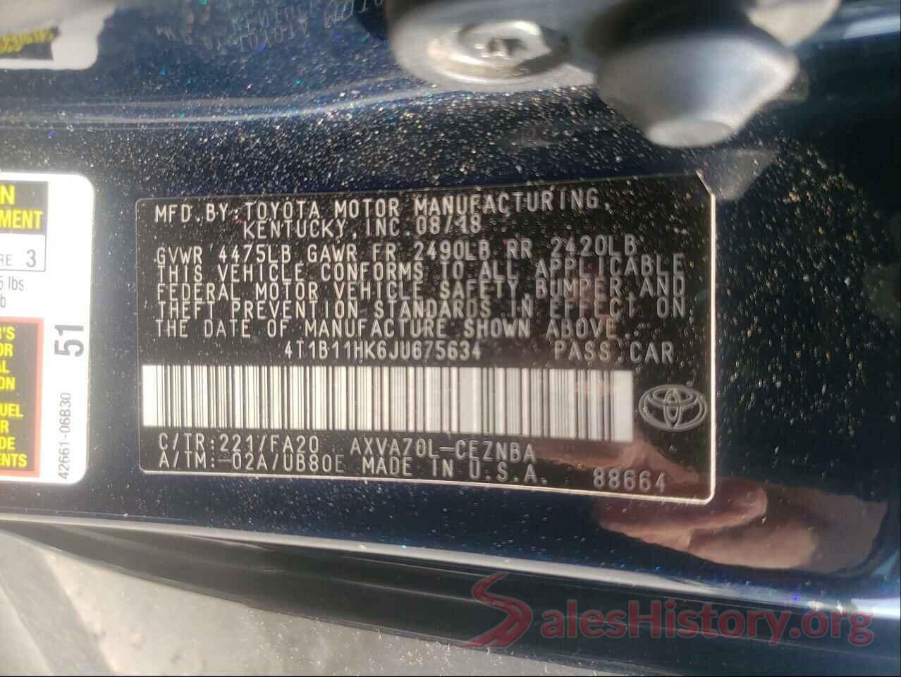 4T1B11HK6JU675634 2018 TOYOTA CAMRY