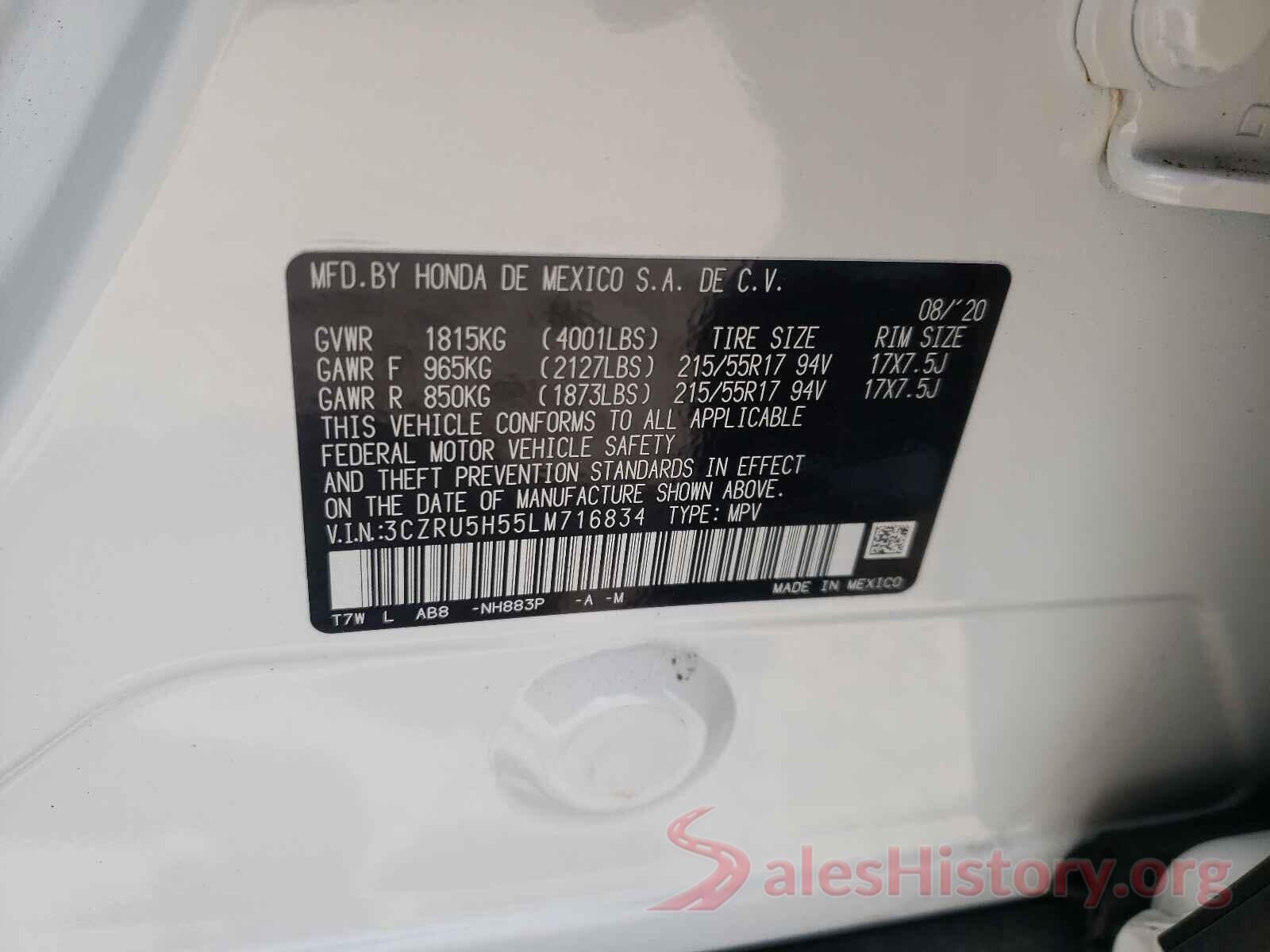 3CZRU5H55LM716834 2020 HONDA HR-V