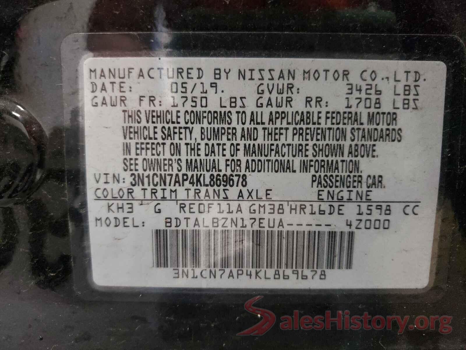 3N1CN7AP4KL869678 2019 NISSAN VERSA