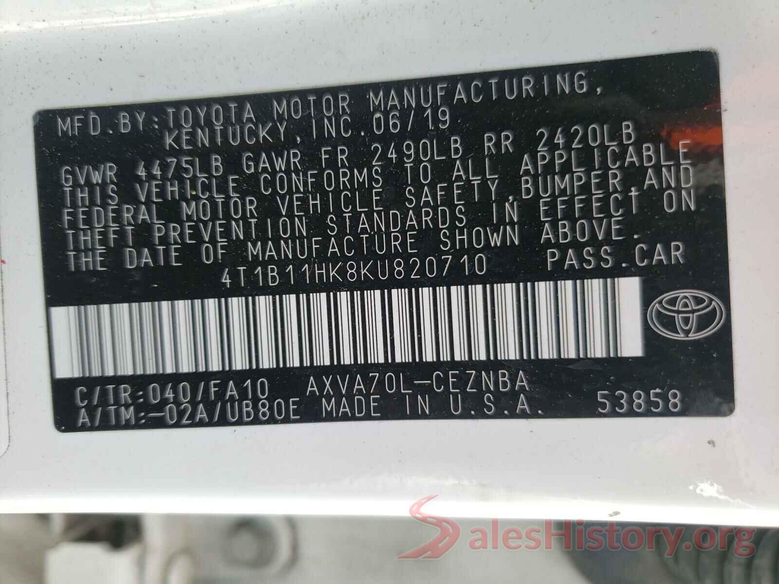 4T1B11HK8KU820710 2019 TOYOTA CAMRY