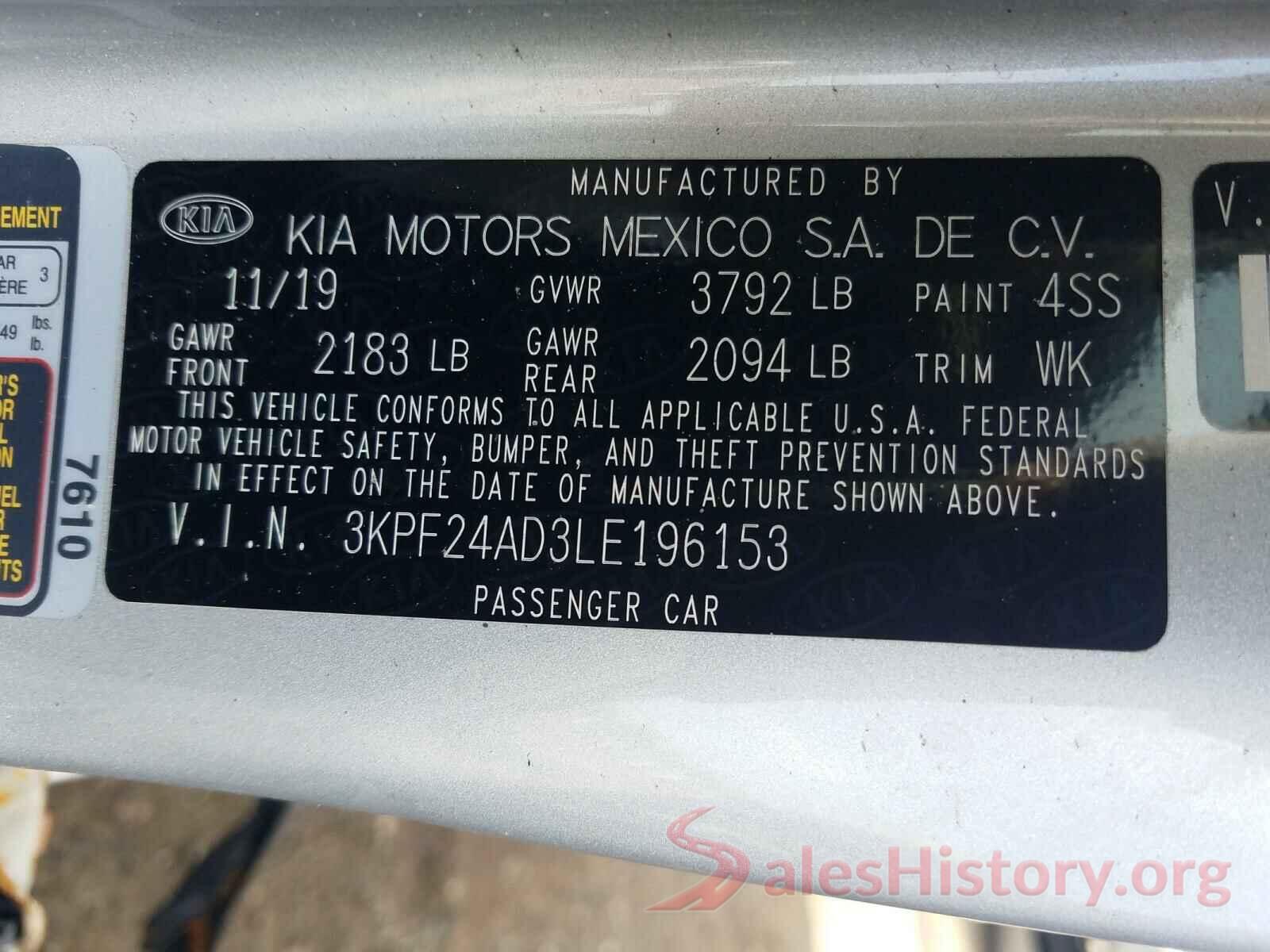 3KPF24AD3LE196153 2020 KIA FORTE