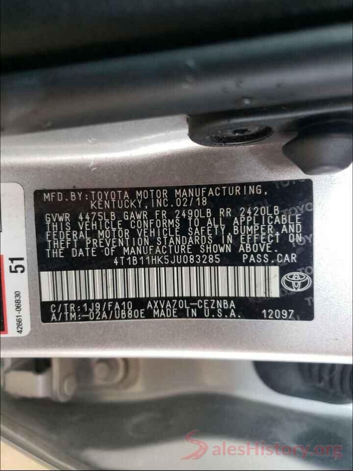 4T1B11HK5JU083285 2018 TOYOTA CAMRY