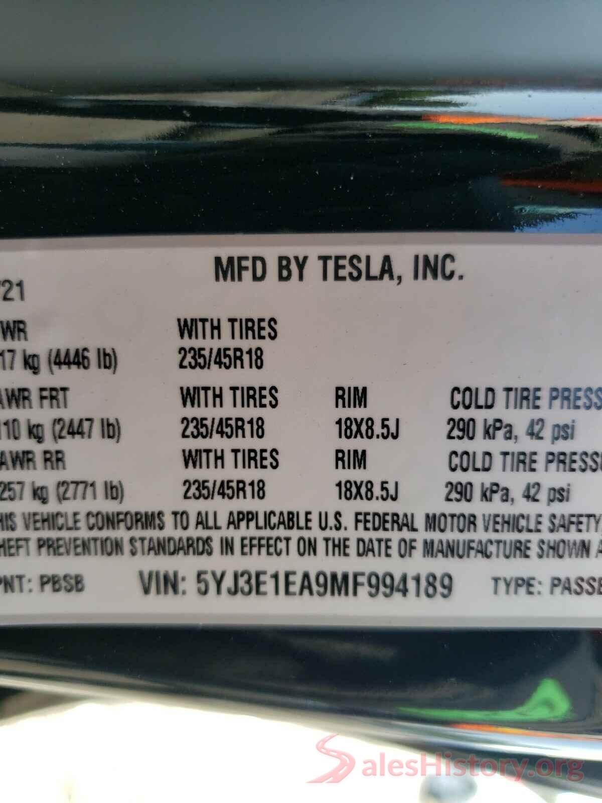 5YJ3E1EA9MF994189 2021 TESLA MODEL 3