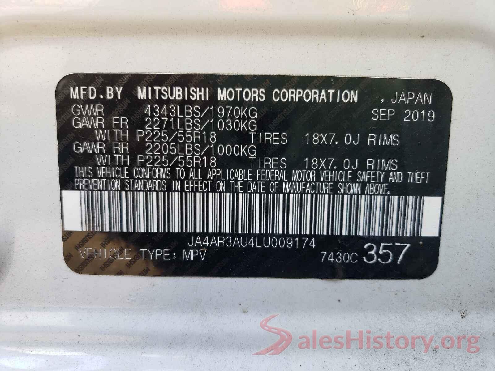 JA4AR3AU4LU009174 2020 MITSUBISHI OUTLANDER