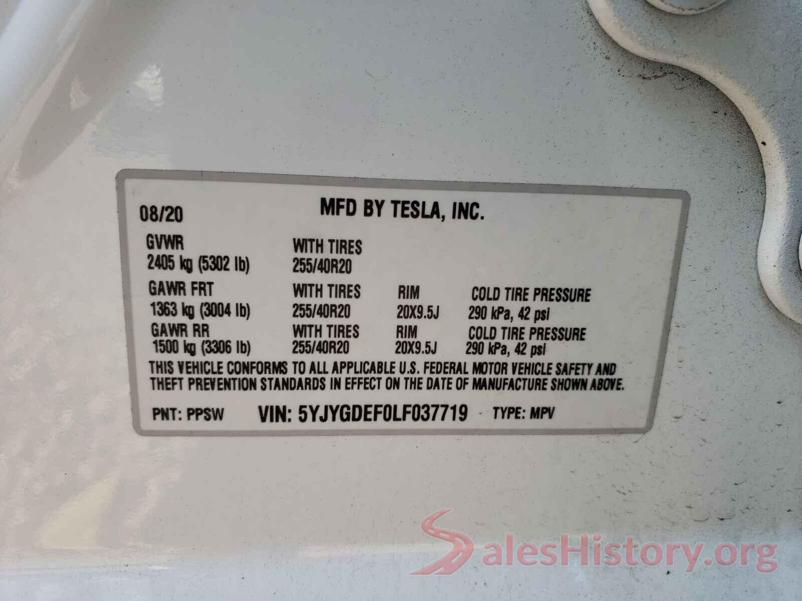 5YJYGDEF0LF037719 2020 TESLA MODEL Y