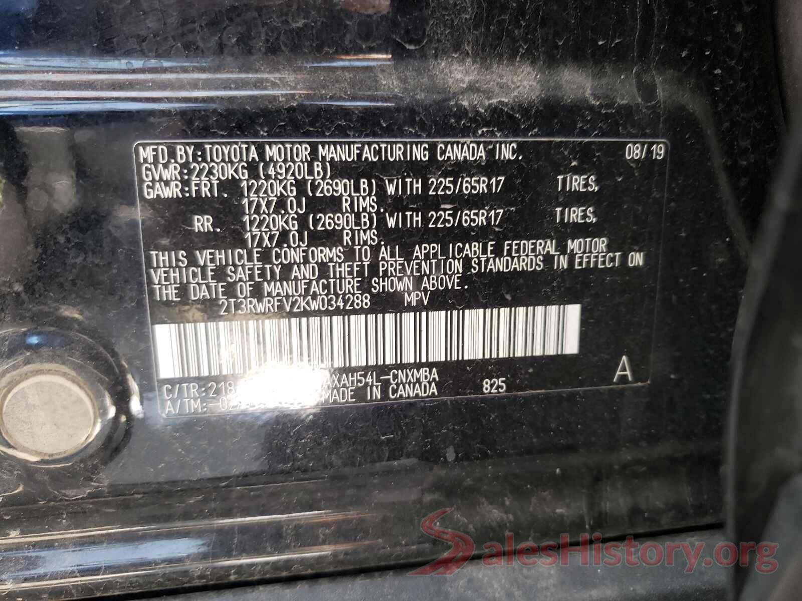 2T3RWRFV2KW034288 2019 TOYOTA RAV4