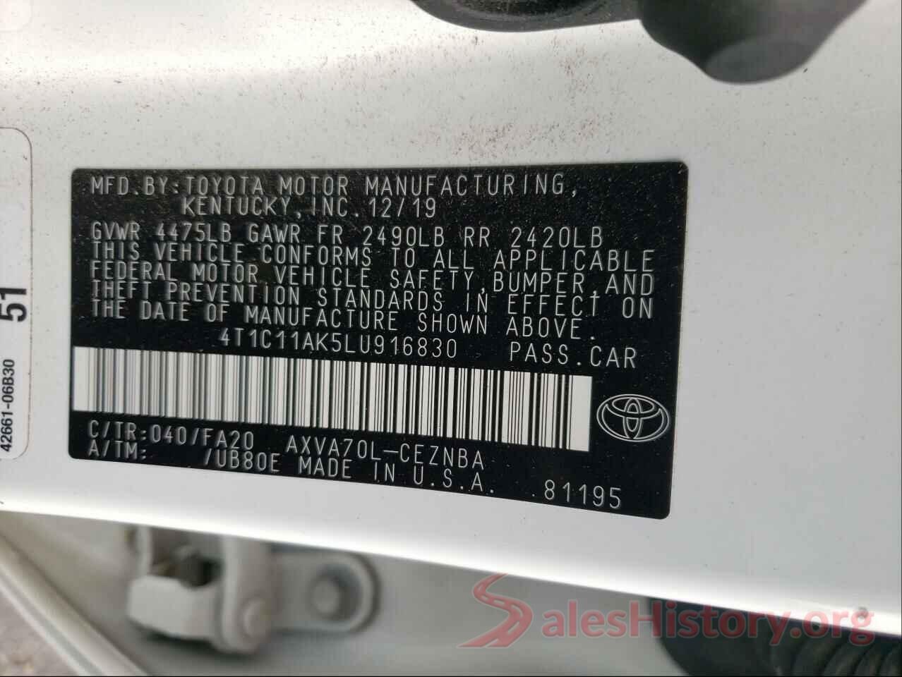 4T1C11AK5LU916830 2020 TOYOTA CAMRY