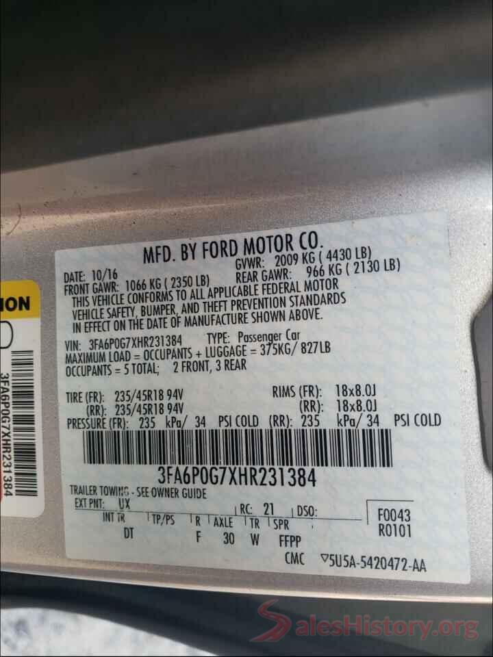 3FA6P0G7XHR231384 2017 FORD FUSION