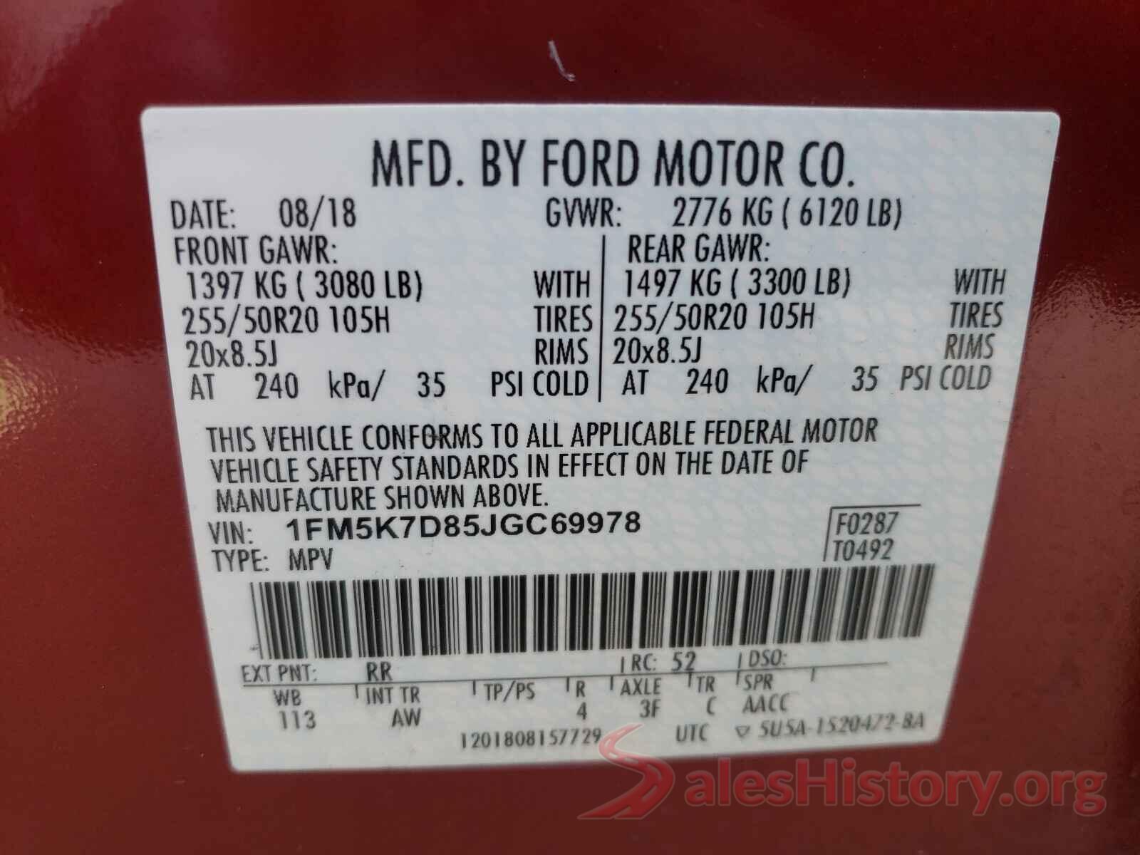 1FM5K7D85JGC69978 2018 FORD EXPLORER