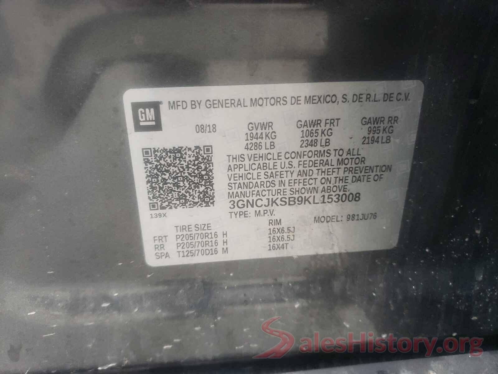 3GNCJKSB9KL153008 2019 CHEVROLET TRAX