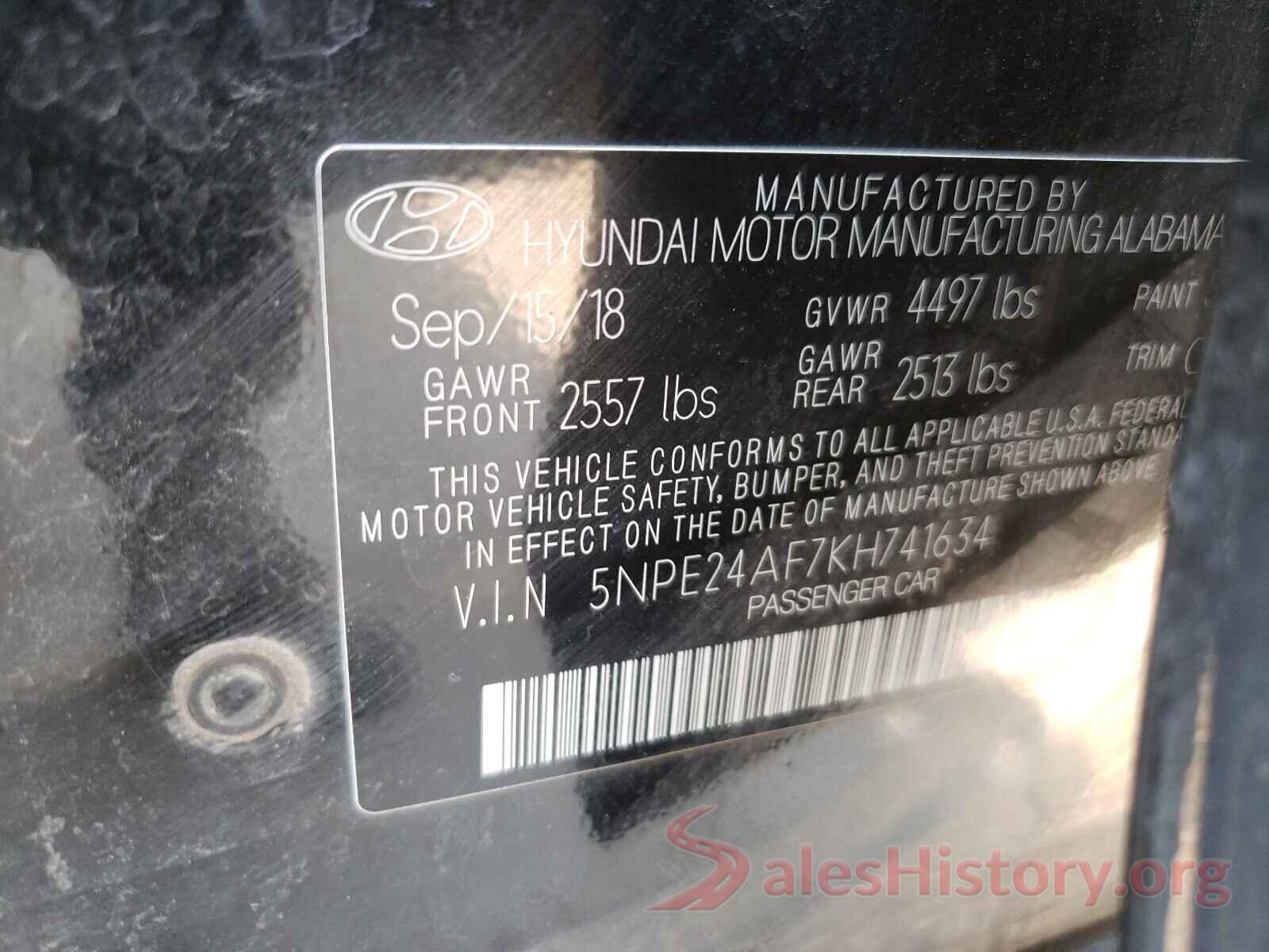 5NPE24AF7KH741634 2019 HYUNDAI SONATA