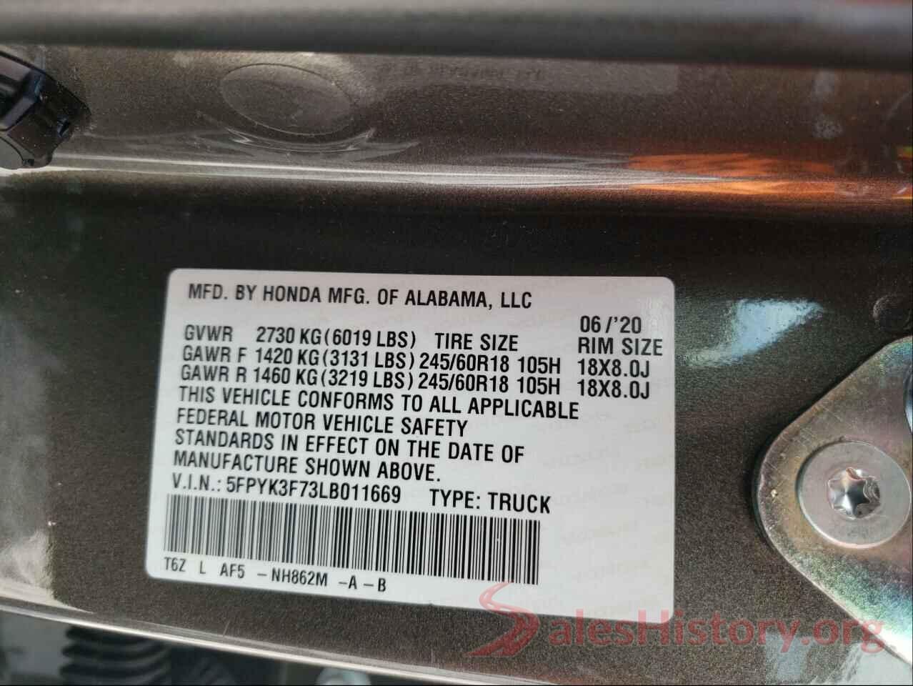 5FPYK3F73LB011669 2020 HONDA RIDGELINE