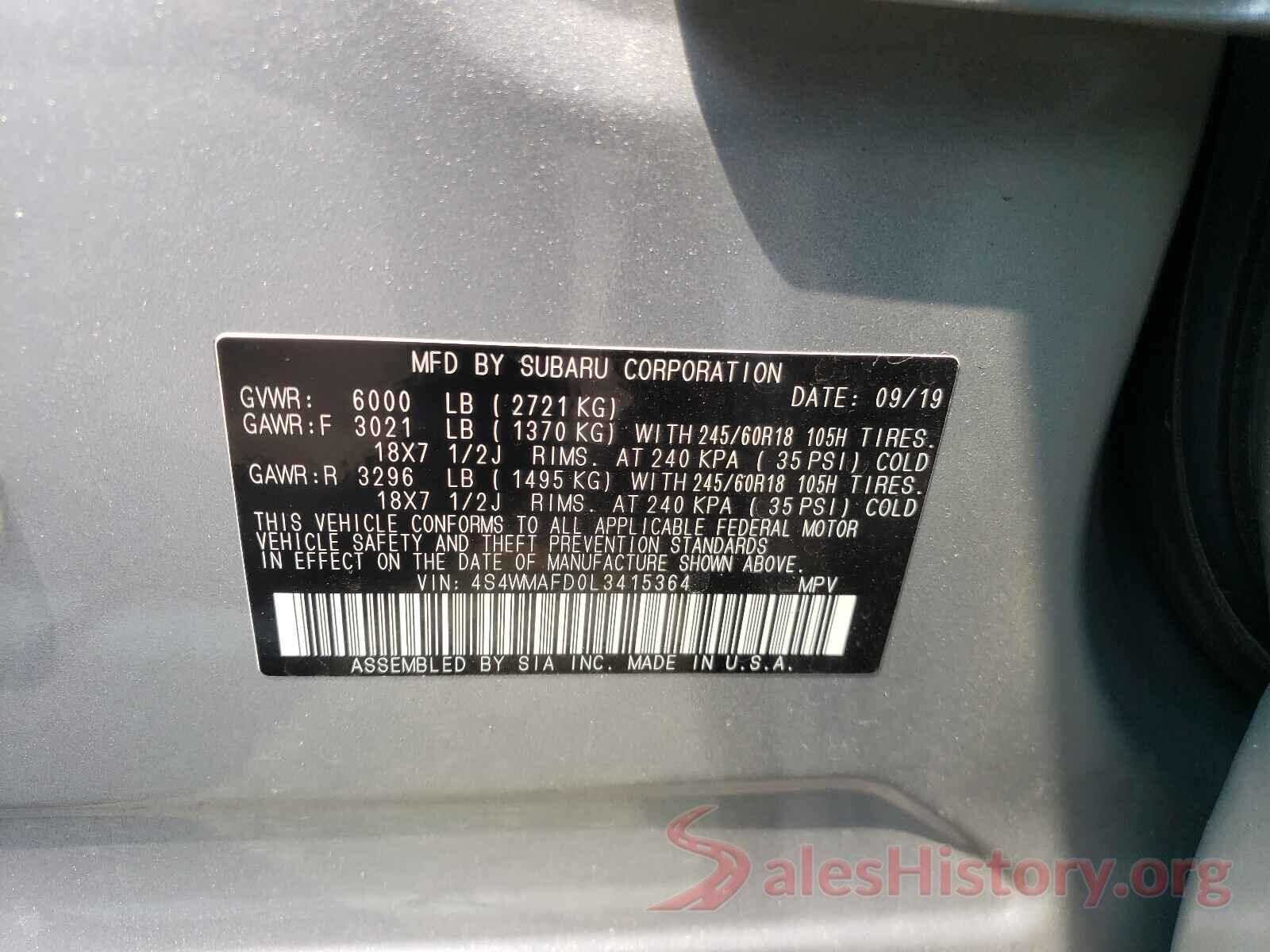 4S4WMAFD0L3415364 2020 SUBARU ASCENT