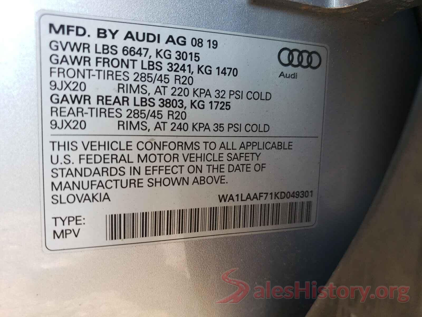 WA1LAAF71KD049301 2019 AUDI Q7