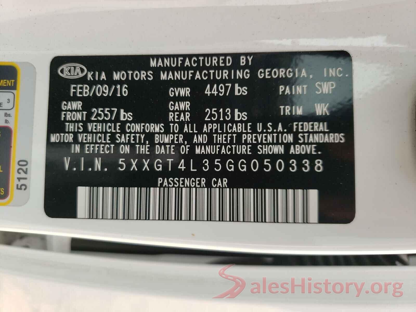 5XXGT4L35GG050338 2016 KIA OPTIMA