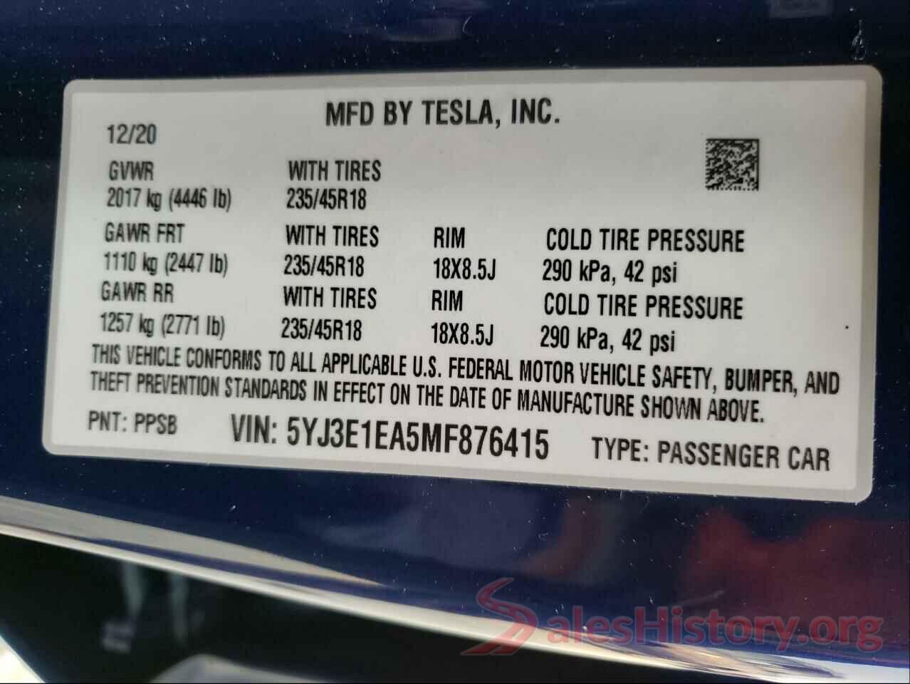 5YJ3E1EA5MF876415 2021 TESLA MODEL 3