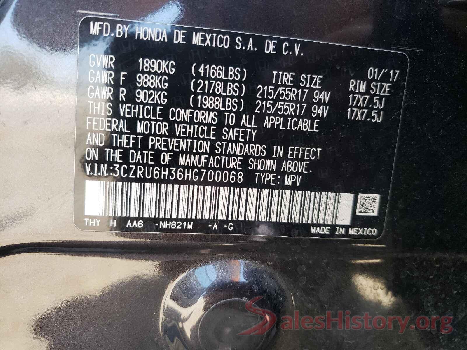 3CZRU6H36HG700068 2017 HONDA HR-V