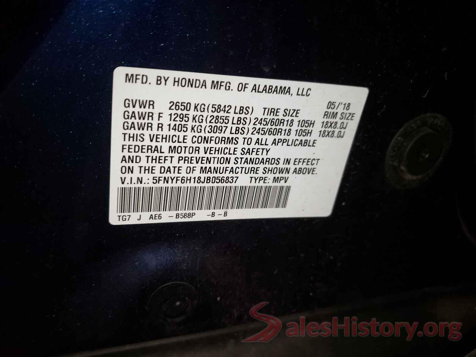 5FNYF6H18JB056837 2018 HONDA PILOT