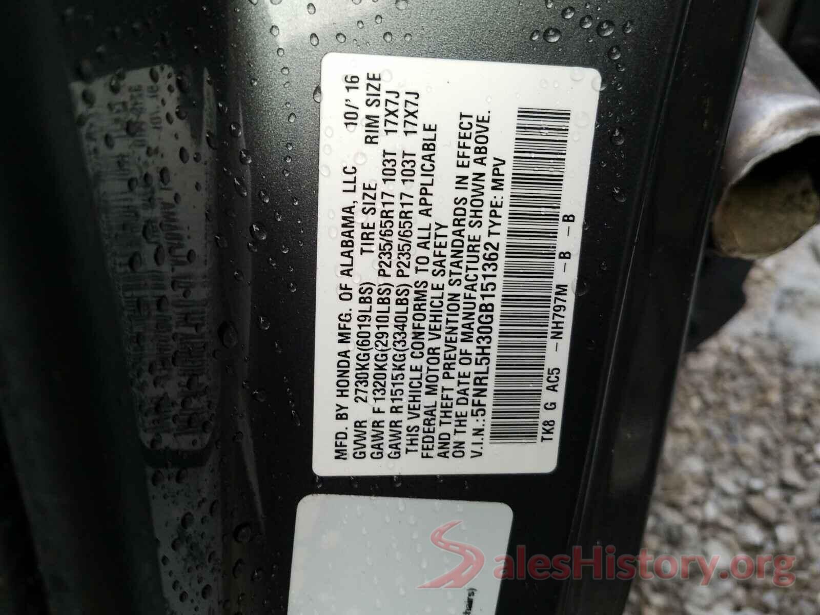 5FNRL5H30GB151362 2016 HONDA ODYSSEY