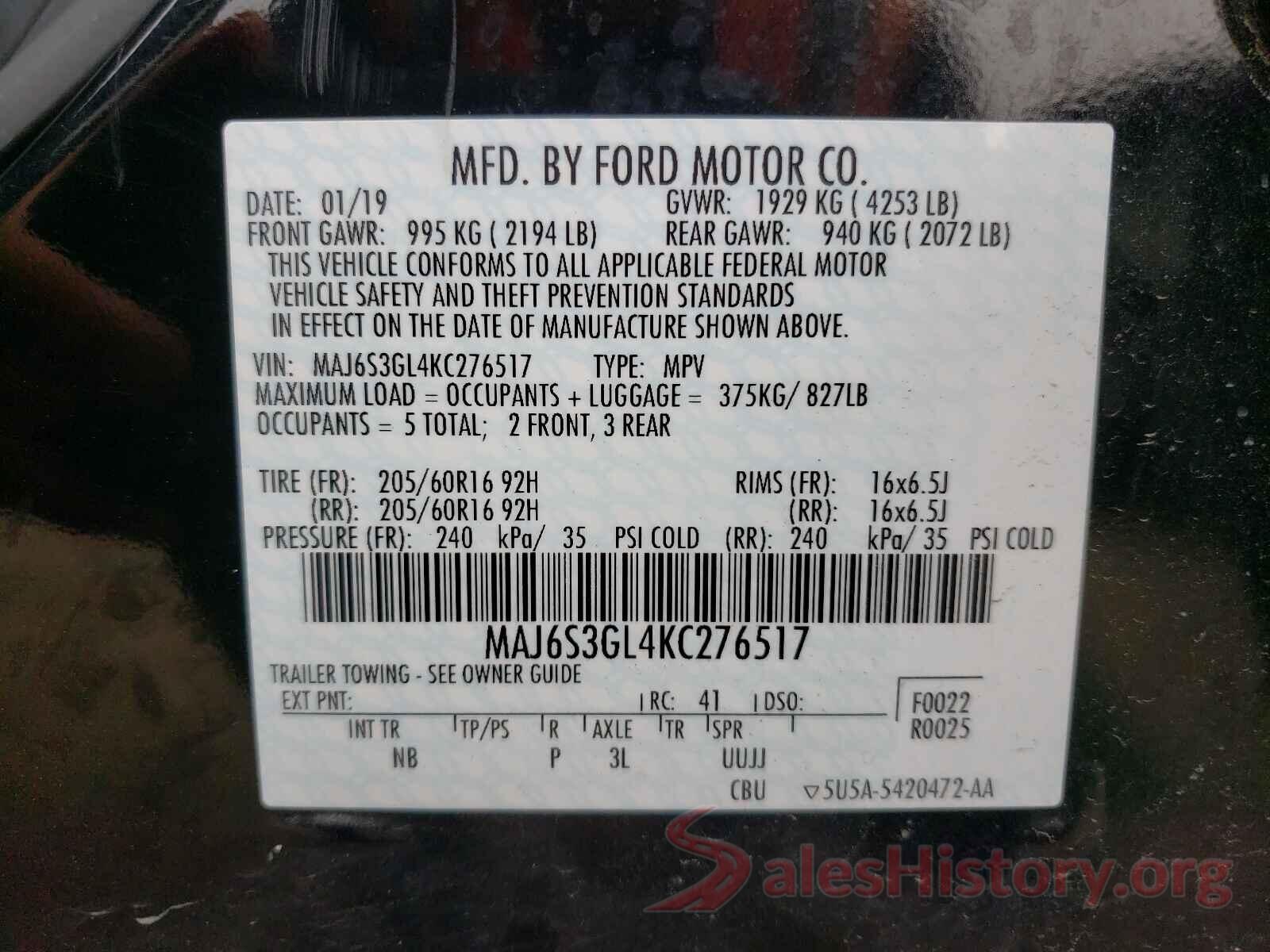 MAJ6S3GL4KC276517 2019 FORD ALL OTHER