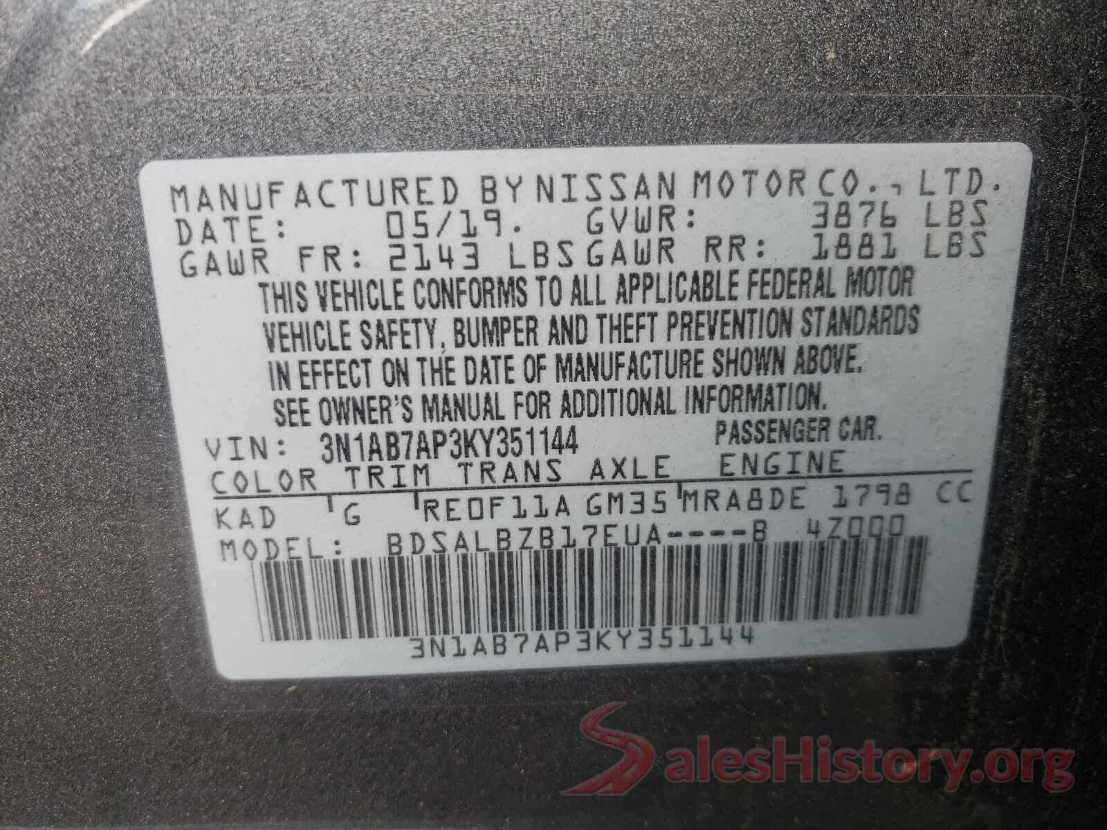 3N1AB7AP3KY351144 2019 NISSAN SENTRA