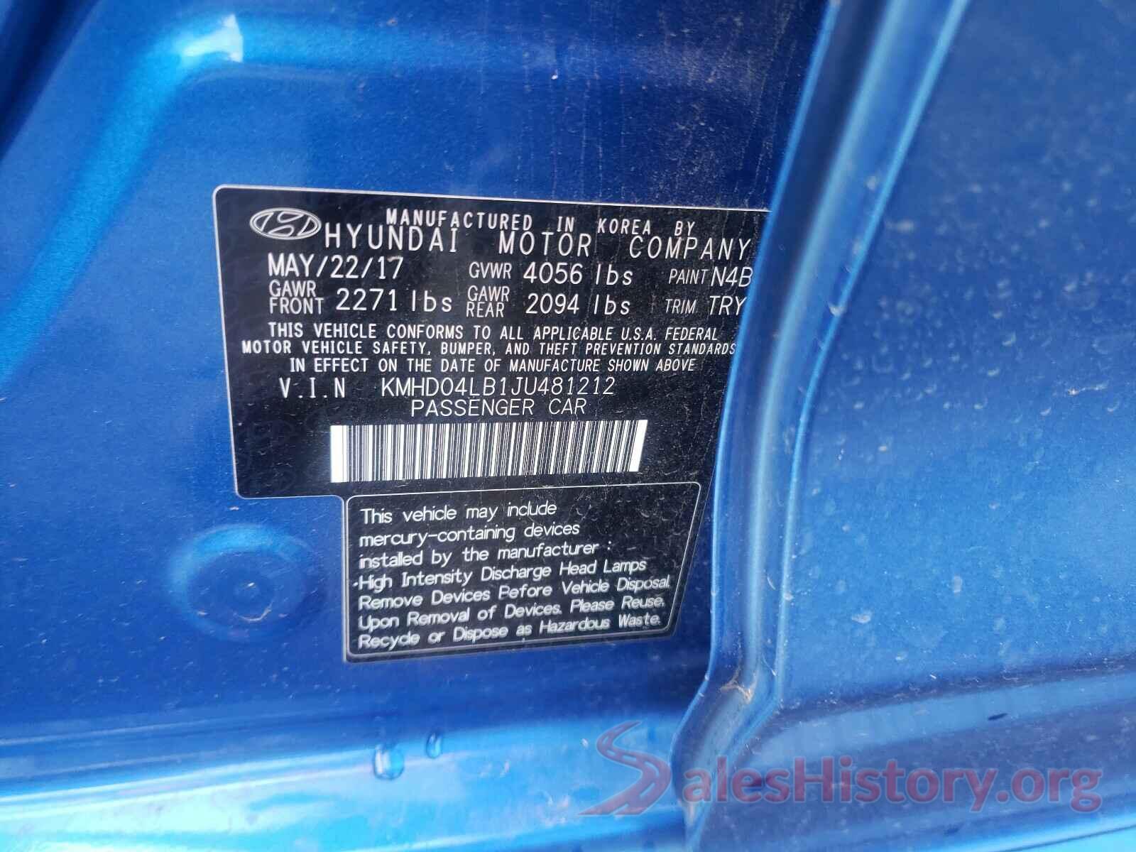 KMHD04LB1JU481212 2018 HYUNDAI ELANTRA