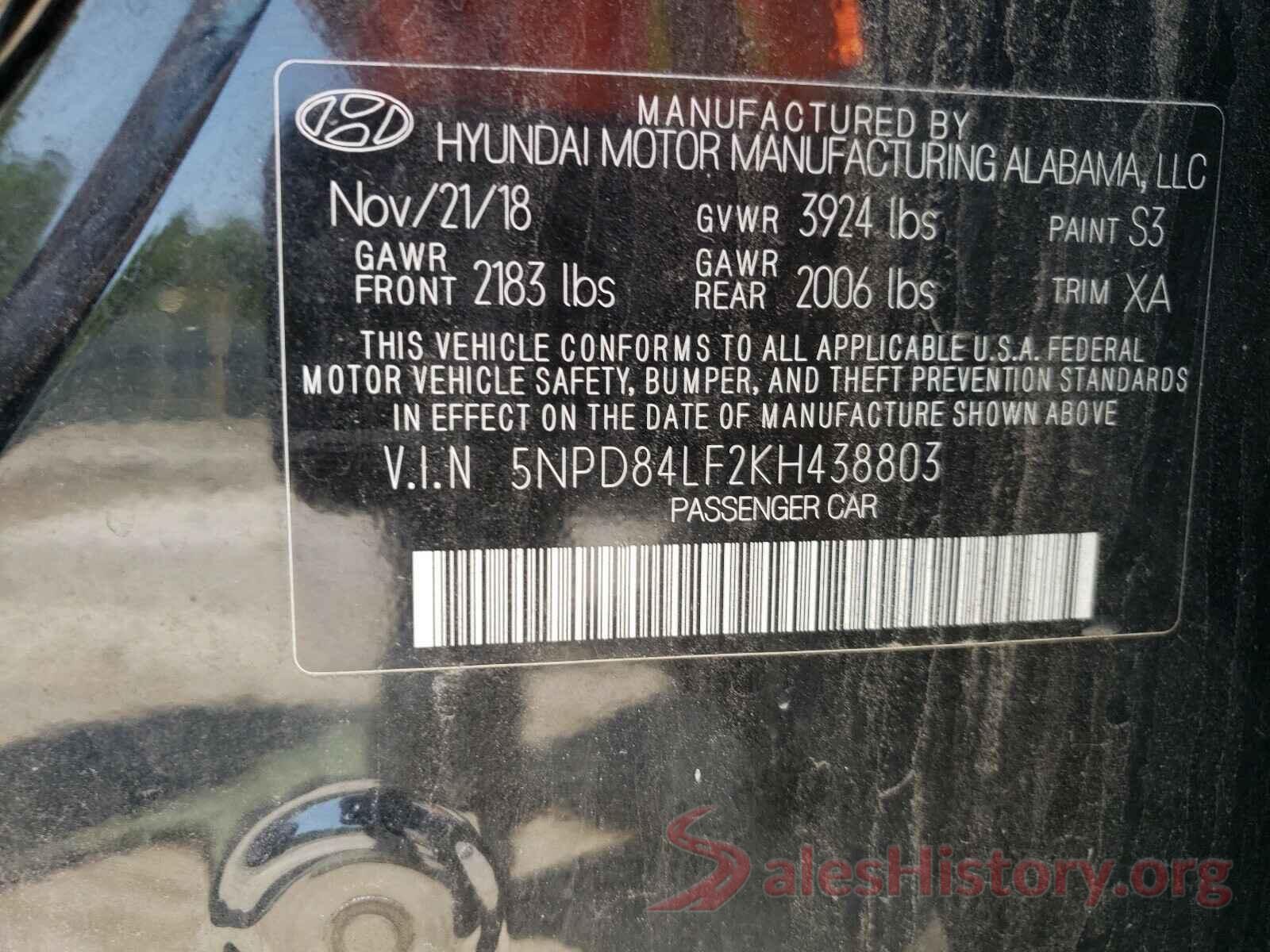 5NPD84LF2KH438803 2019 HYUNDAI ELANTRA