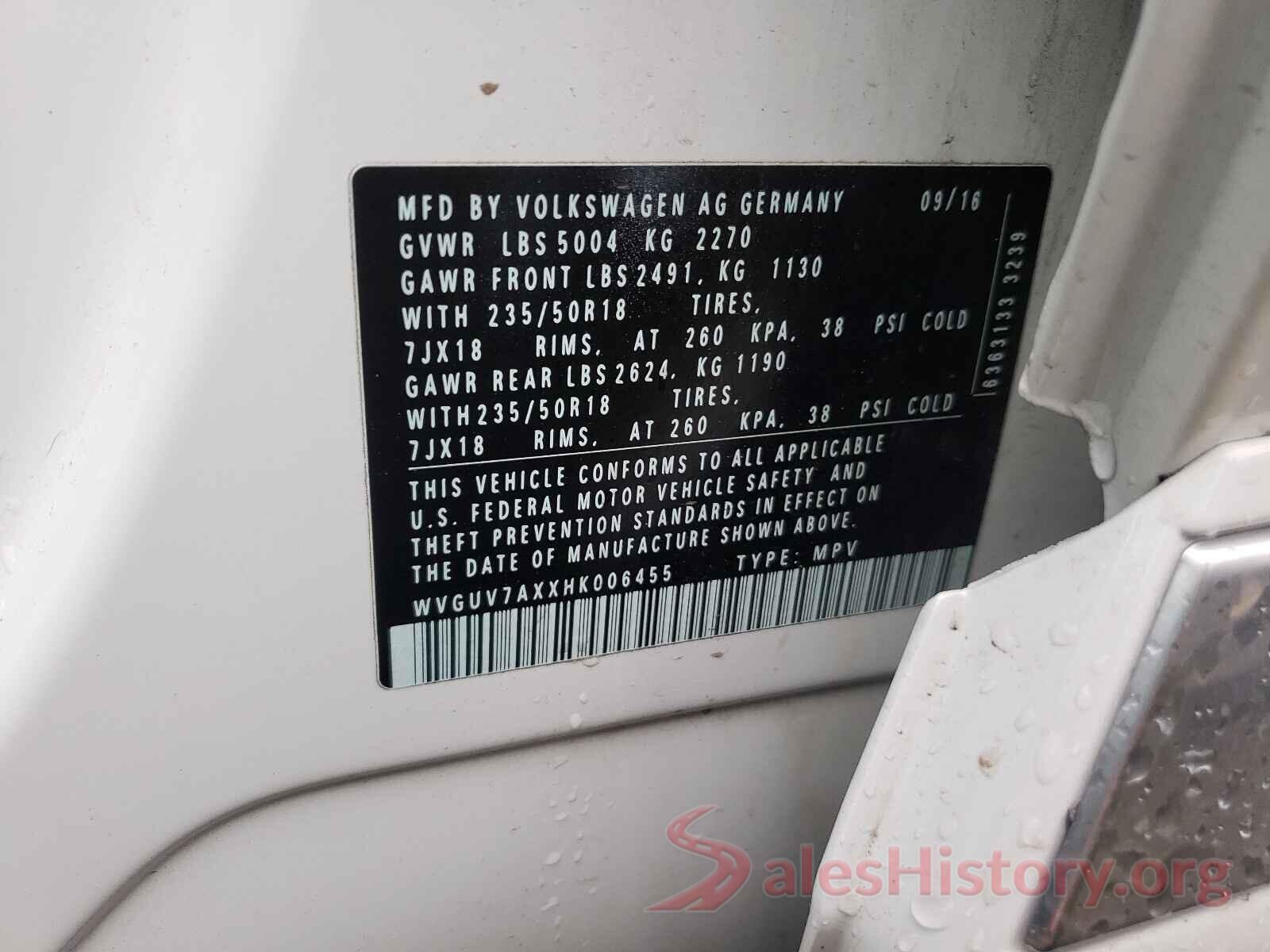 WVGUV7AXXHK006455 2017 VOLKSWAGEN TIGUAN