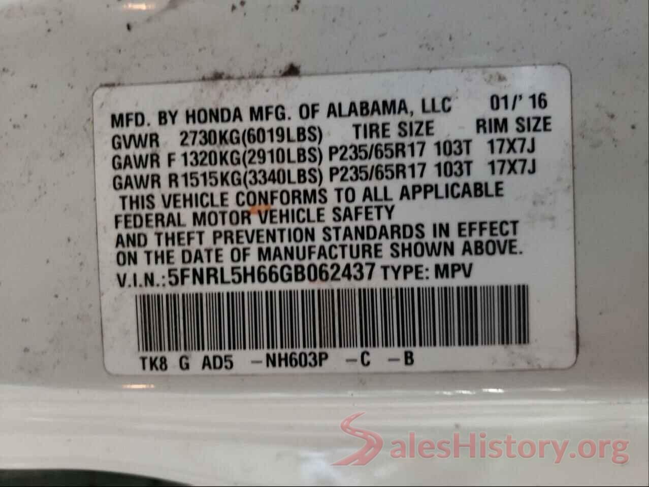 5FNRL5H66GB062437 2016 HONDA ODYSSEY