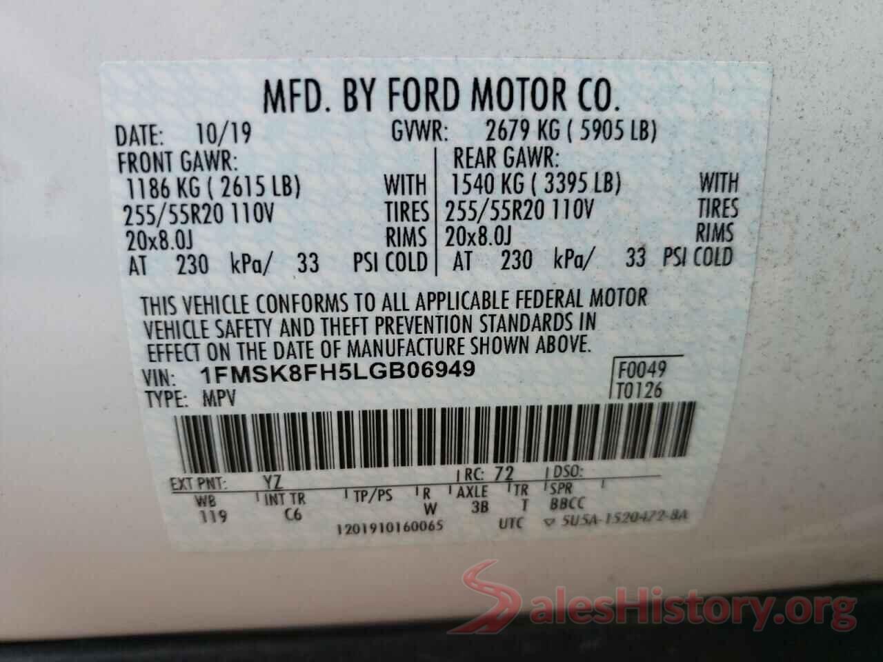 1FMSK8FH5LGB06949 2020 FORD EXPLORER