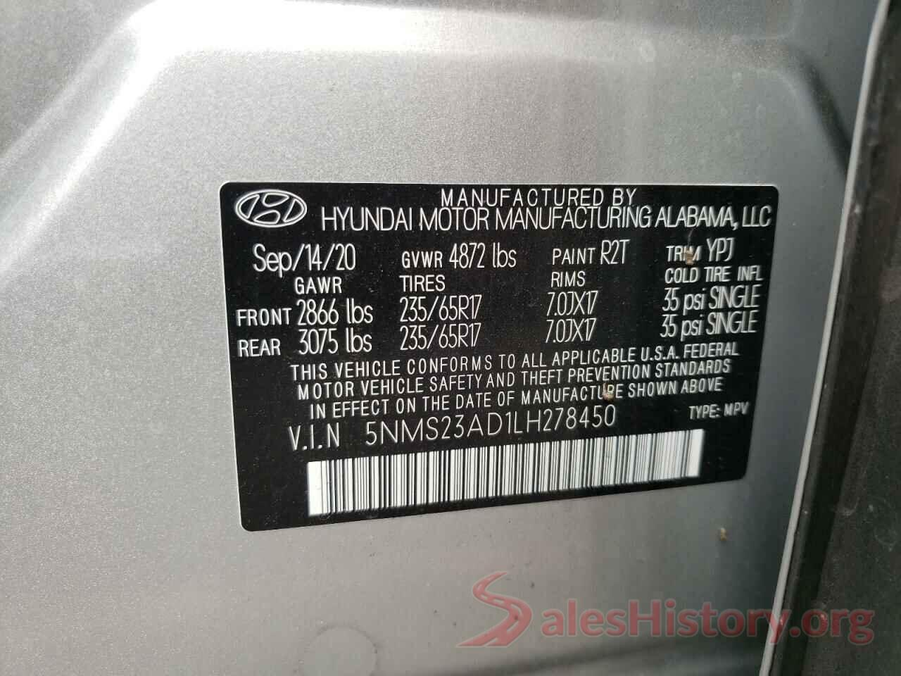 5NMS23AD1LH278450 2020 HYUNDAI SANTA FE