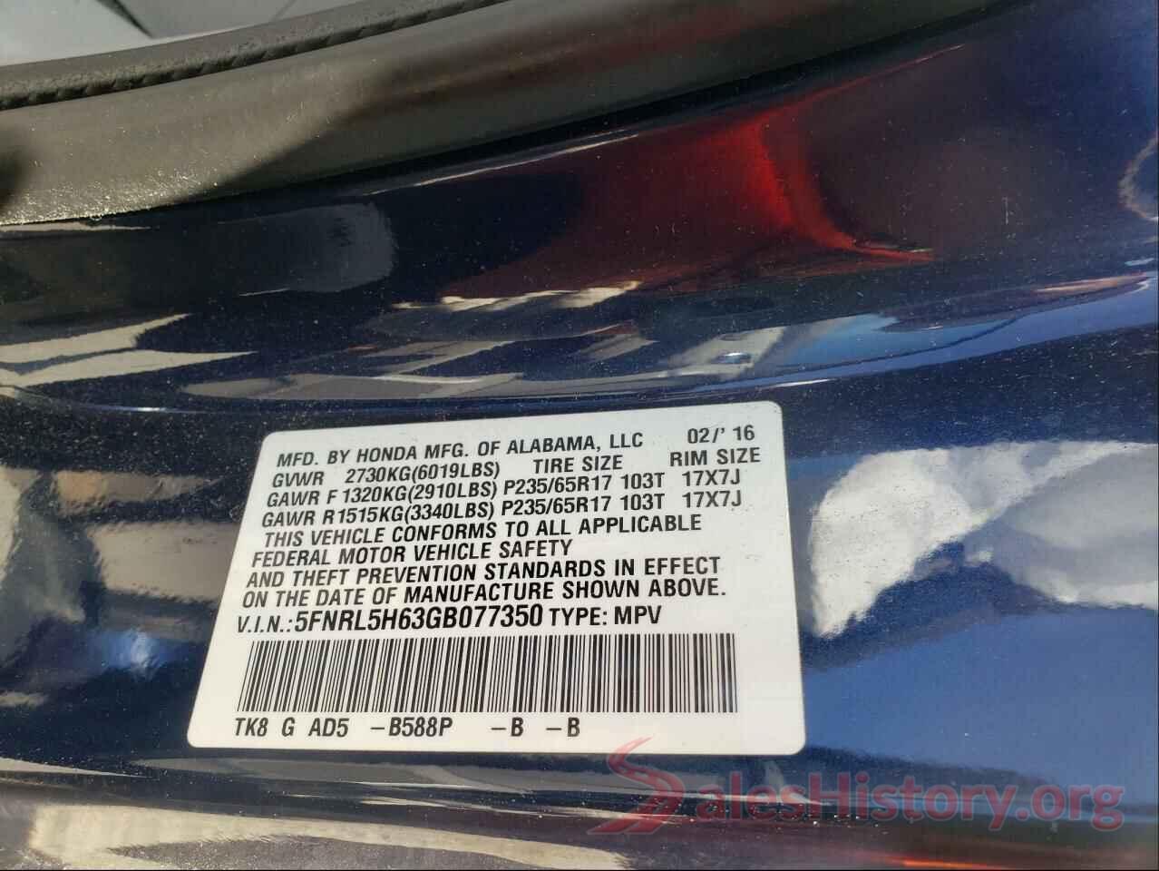 5FNRL5H63GB077350 2016 HONDA ODYSSEY