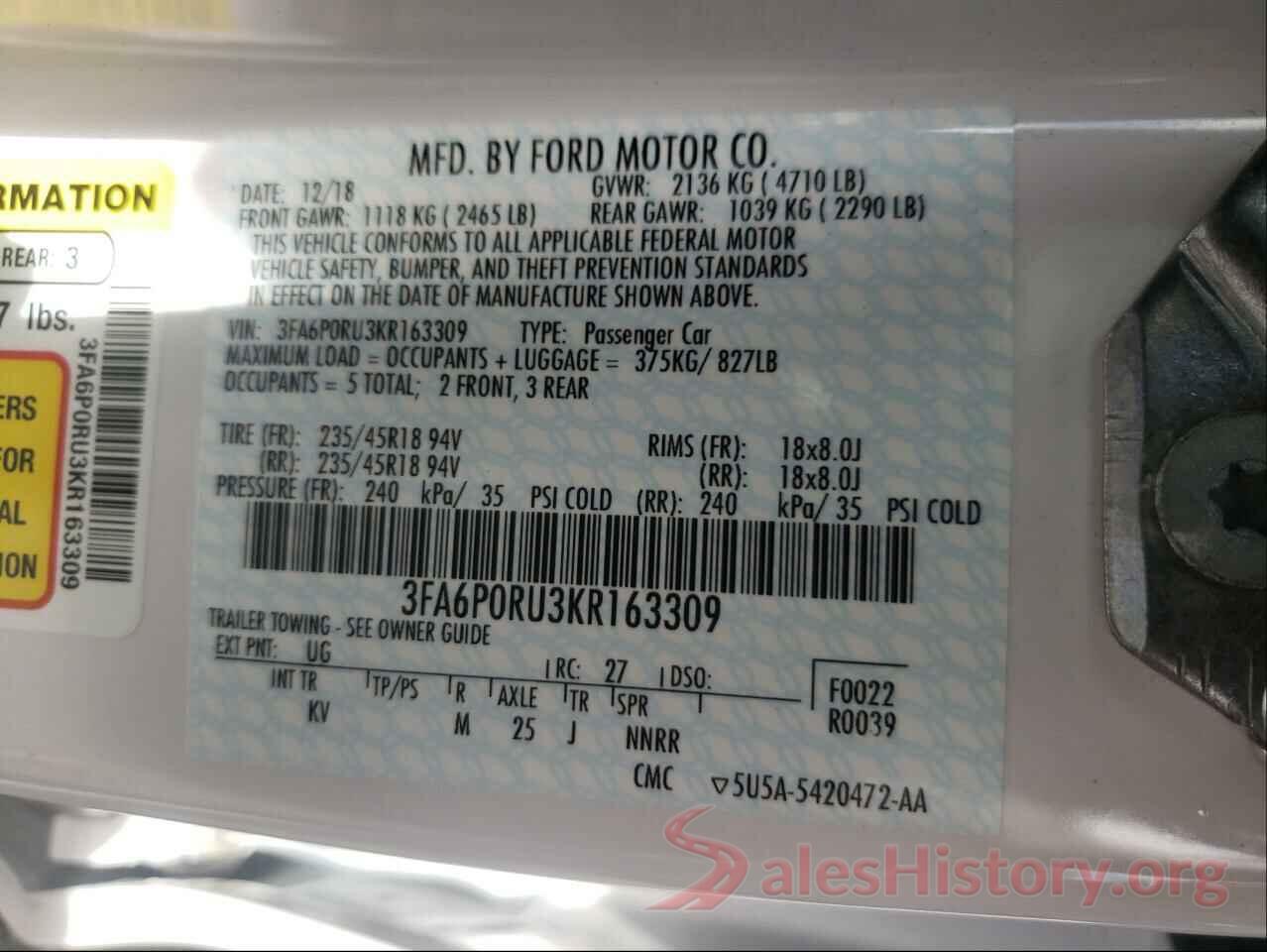 3FA6P0RU3KR163309 2019 FORD FUSION