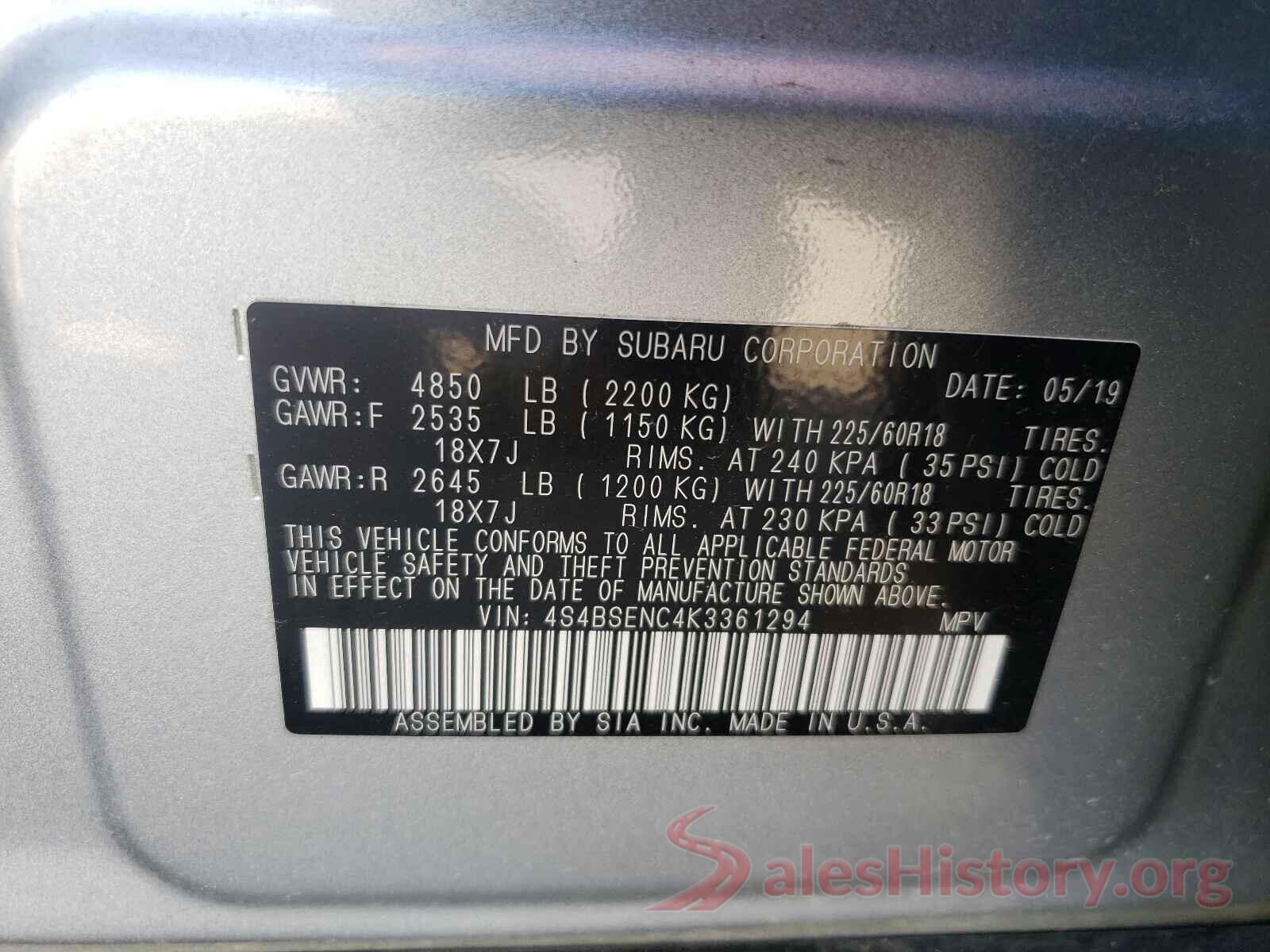 4S4BSENC4K3361294 2019 SUBARU OUTBACK