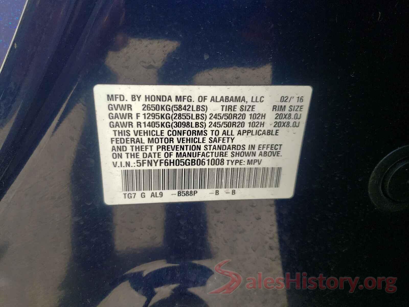 5FNYF6H05GB061008 2016 HONDA PILOT